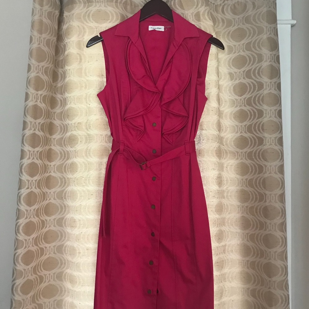Magenta Calvin Klein sleeveless, belted dress
